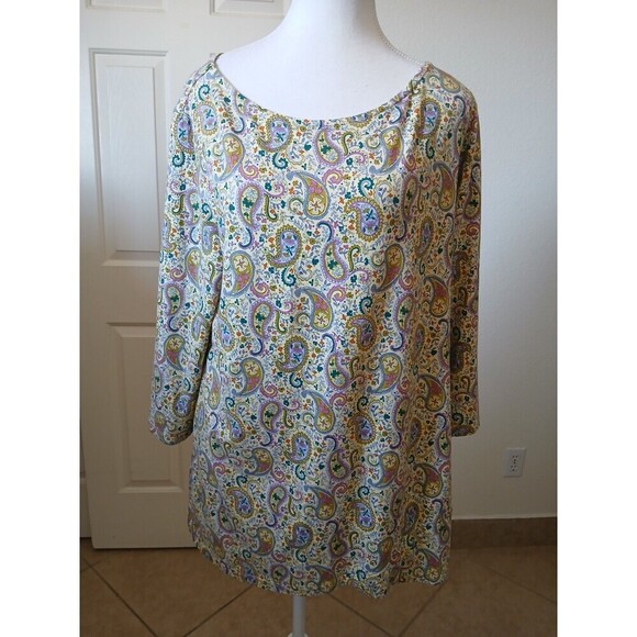 Appleseed's Yellow Green Paisley Print Round Neck 3/4 Sleeve T Shirt Size Large - Picture 1 of 14